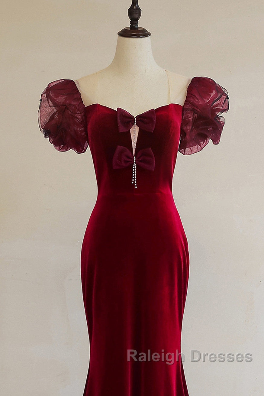 Wine Red Mermaid Long Party Dress With Bow, Wine Red Evening Dress Prom Dress Secondary image