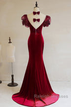 Wine Red Mermaid Long Party Dress With Bow, Wine Red Evening Dress Prom Dress