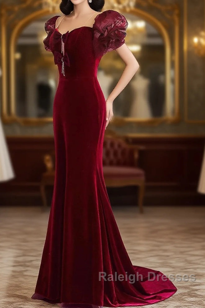 Wine Red Mermaid Long Prom Dresses With Bow Wine Red Prom Dresseses
