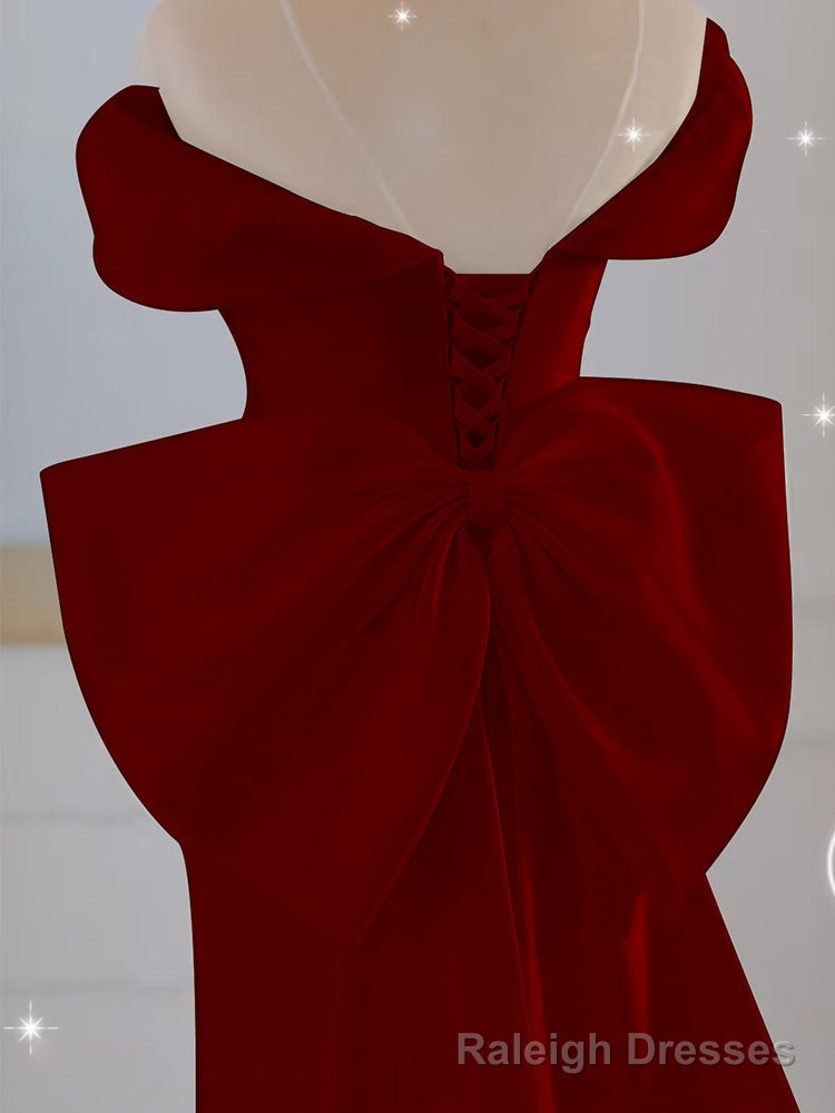 Wine Red Mermaid Long Prom Dress with Bow, Wine Red Wedding Prom Dress
