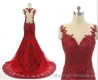 Wine Red Mermaid Long Prom Dress with Lace Applique, Wine Red Formal Dresses