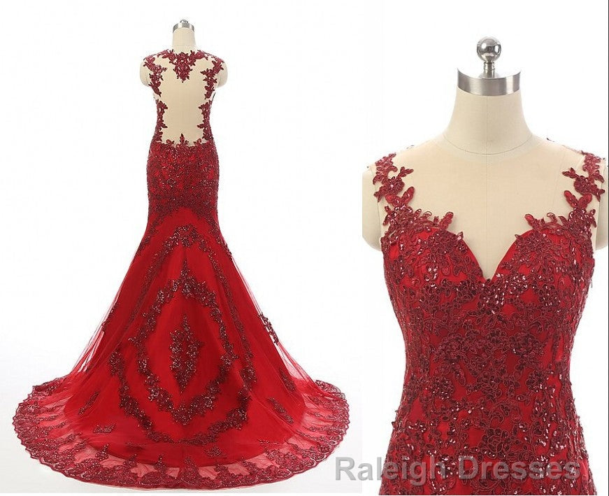 Wine Red Mermaid Long Prom Dress with Lace Applique, Wine Red Formal Dresses