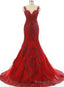Wine Red Mermaid Long Party Dress with Lace Applique, Wine Red Formal Dresses