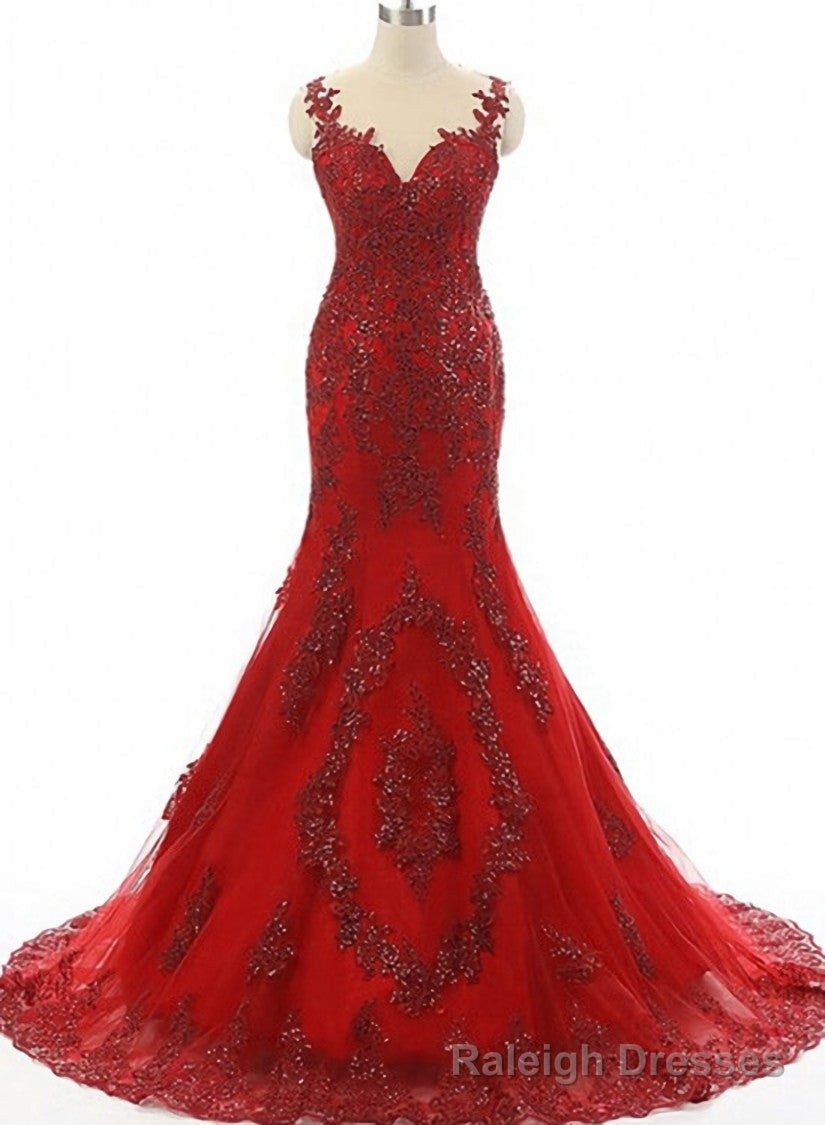 Wine Red Mermaid Long Prom Dress with Lace Applique, Wine Red Formal Dresses