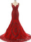 Wine Red Mermaid Long Prom Dress with Lace Applique, Wine Red Formal Dresses