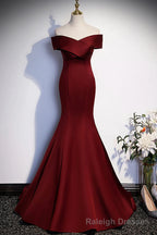 Wine Red Mermaid Long Prom Dress, Off the Shoulder V Neck Wedding Prom Dress