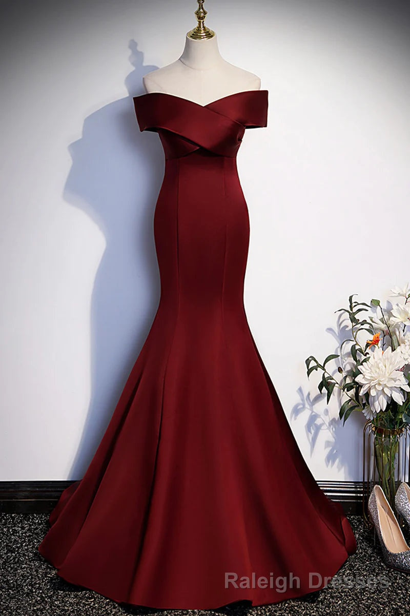 Wine Red Mermaid Long Prom Dress, Off the Shoulder V Neck Wedding Prom Dress