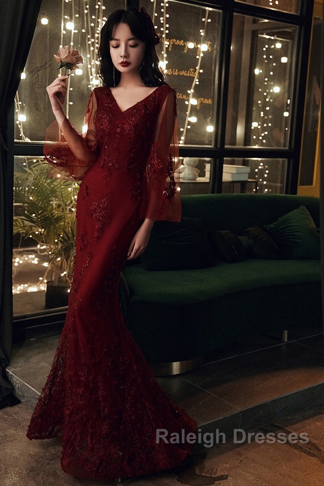 Wine Red Mermaid Prom Dresses Long With Lace V-Neckline Prom Dresses