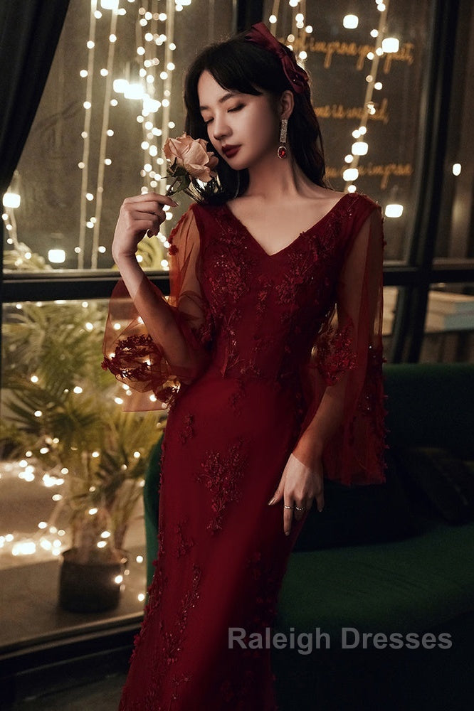 Wine Red Mermaid Prom Dresses Long With Lace V-Neckline Prom Dresses
