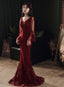 Wine Red Mermaid Prom Dresses Long With Lace V-Neckline Prom Dresses