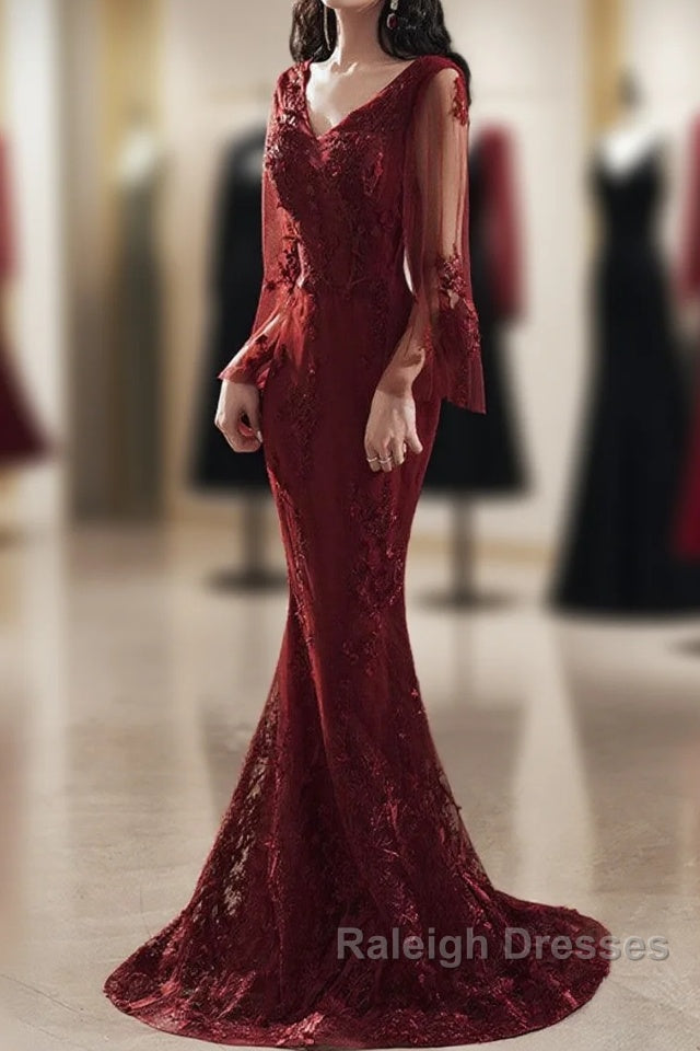 Wine Red Mermaid Prom Dresses Long With Lace V-Neckline Prom Dresses