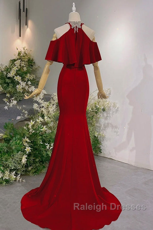 Wine Red Mermaid Off Shoulder Halter Neckline Prom Dresses Wine Red Prom Gown