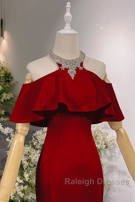 Wine Red Mermaid Off Shoulder Halter Neckline Prom Dresses Wine Red Prom Gown