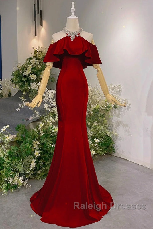 Wine Red Mermaid Off Shoulder Halter Neckline Prom Dresses Wine Red Prom Gown