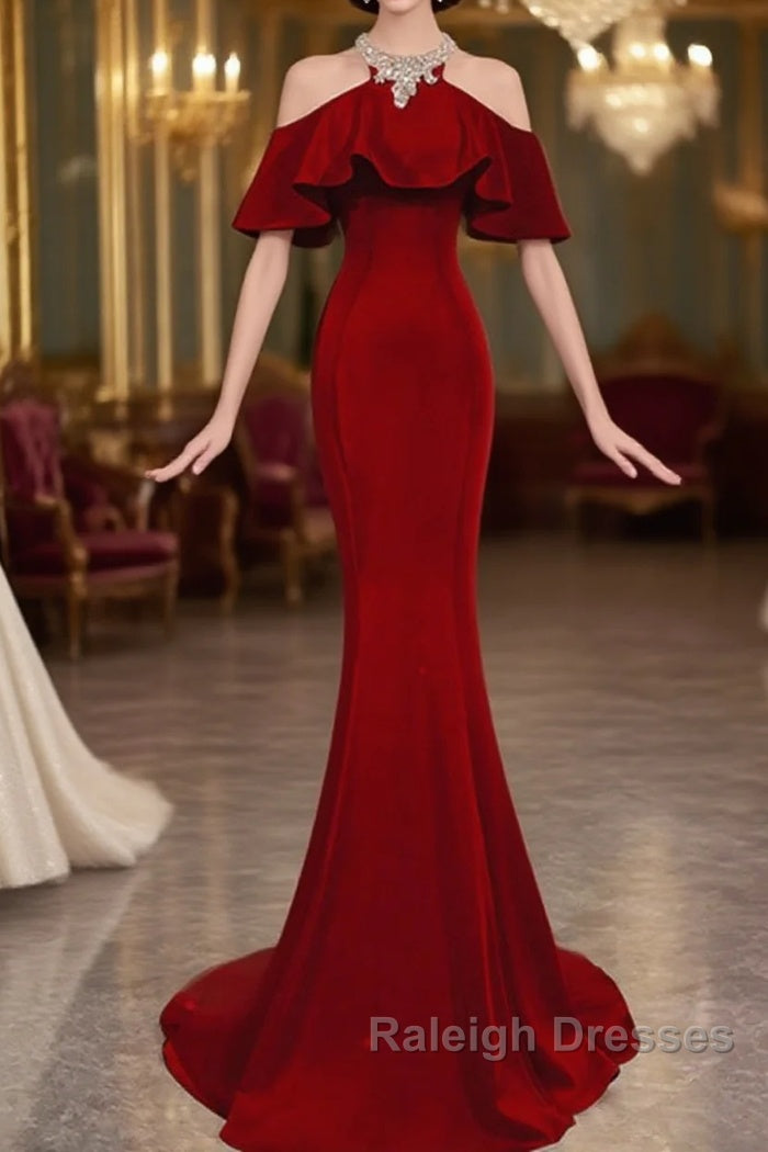 Wine Red Mermaid Off Shoulder Halter Neckline Prom Dresses Wine Red Prom Gown Main image