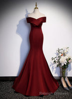 Wine Red Mermaid Off Shouler Prom Dress, Wine Red Long Prom Dress