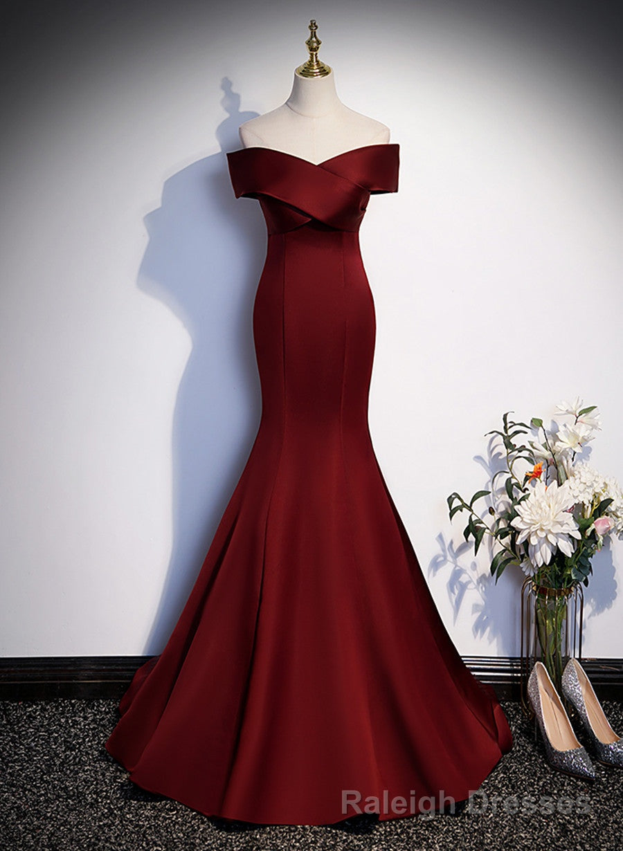 Wine Red Mermaid Off Shouler Prom Dress, Wine Red Long Prom Dress