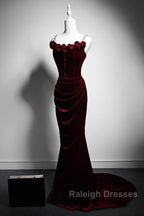 Wine Red Mermaid Straps Beaded Long Formal Dress, Wine Red Evening Dress Prom Dress