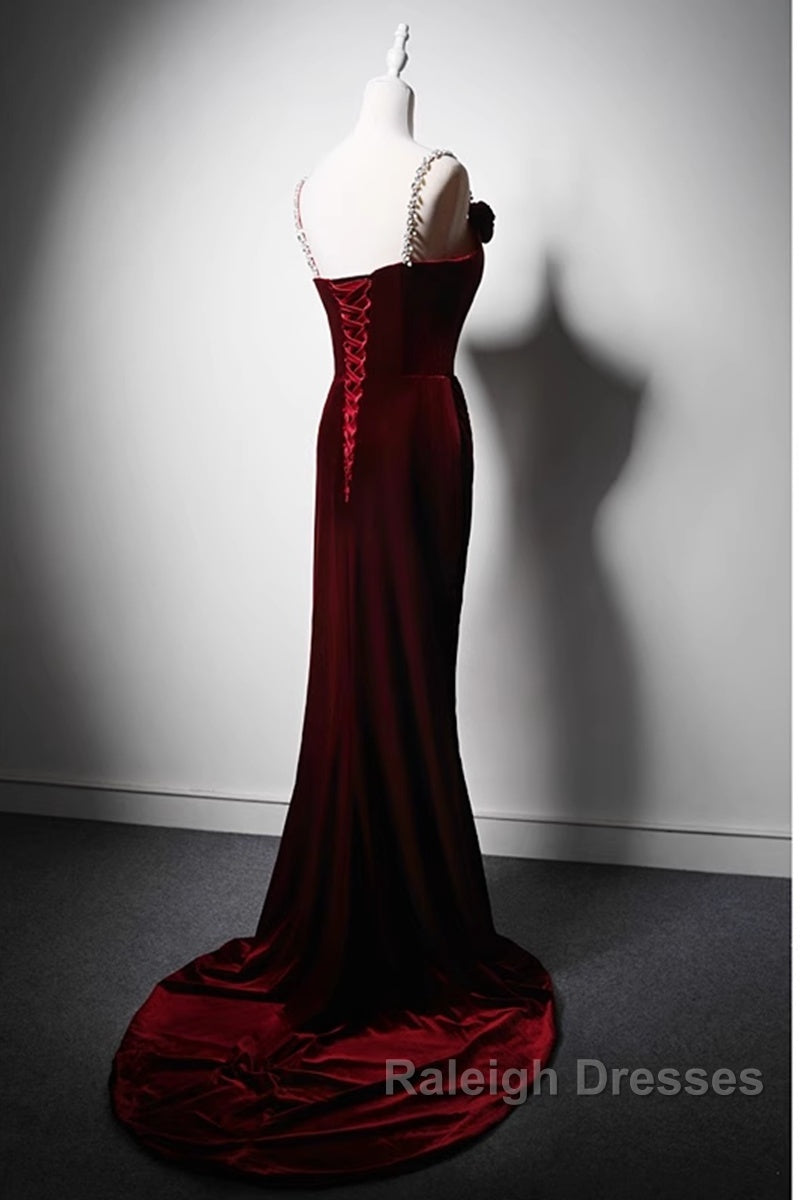 Wine Red Mermaid Straps Beaded Long Prom Dresses Wine Red Prom Dresseses
