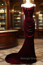 Wine Red Mermaid Straps Beaded Long Formal Dress, Wine Red Evening Dress Prom Dress
