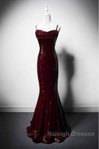 Wine Red Mermaid Straps Long Prom Dress Party Dress, Wine Red Sequins Evening Dress