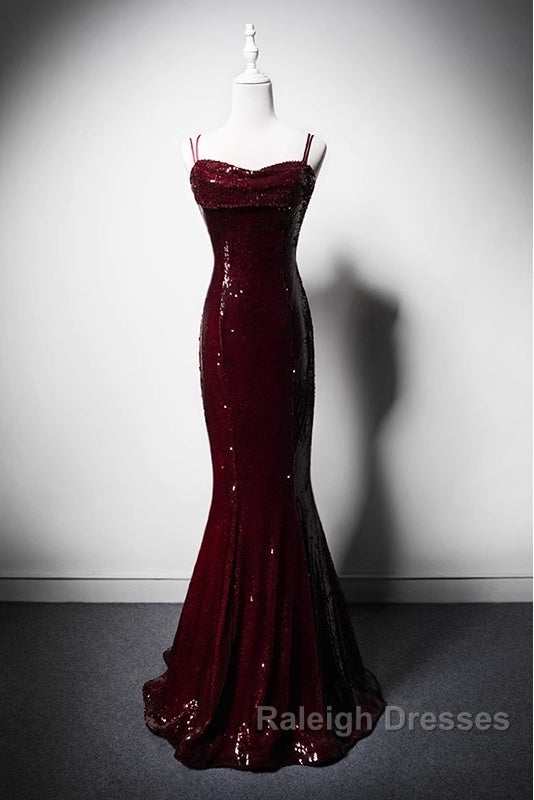 Wine Red Mermaid Straps Long Prom Dress Party Dress, Wine Red Sequins Evening Dress