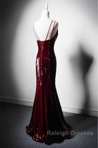 Wine Red Mermaid Straps Long Prom Dress Party Dress, Wine Red Sequins Evening Dress