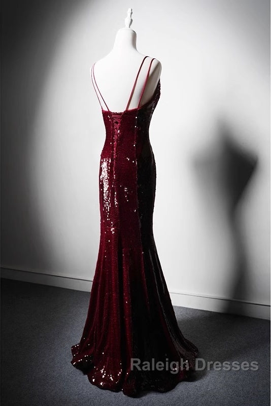 Wine Red Mermaid Straps Prom Dresses Long Prom Dresses Wine Red Sequins Prom Dresses