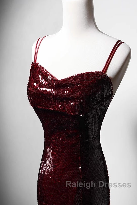 Wine Red Mermaid Straps Long Prom Dress Party Dress, Wine Red Sequins Evening Dress