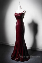 Wine Red Mermaid Straps Long Prom Dress Party Dress, Wine Red Sequins Evening Dress