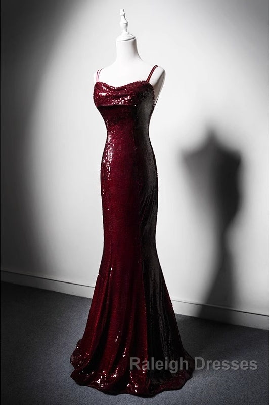 Wine Red Mermaid Straps Long Prom Dress Party Dress, Wine Red Sequins Evening Dress