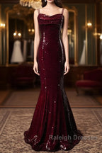 Wine Red Mermaid Straps Long Prom Dress Party Dress, Wine Red Sequins Evening Dress