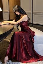 Wine Red Mermaid Straps Satin Long Prom Dresses Wine Red Satin Prom Dresses