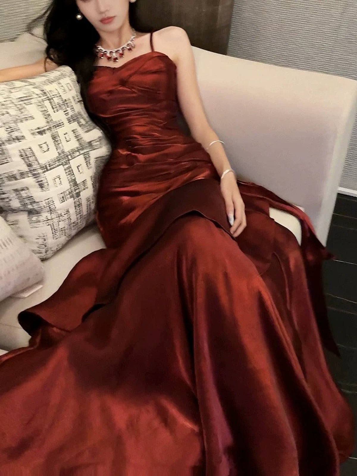 Wine Red Mermaid Straps Satin Long Prom Dresses Wine Red Satin Prom Dresses