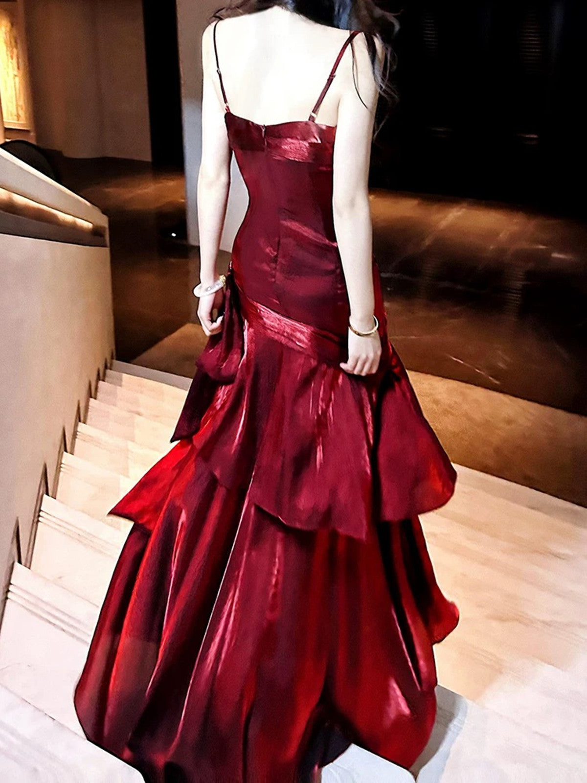 Wine Red Mermaid Straps Satin Long Prom Dresses Wine Red Satin Prom Dresses