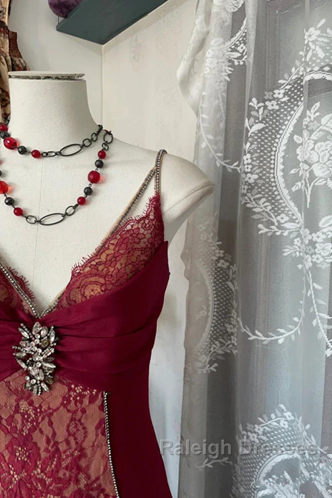 Wine Red Mermaid Straps Sweetheart Party Dress, Wine Red Lace Prom Dress Secondary image