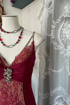 Wine Red Mermaid Straps Sweetheart Party Dress, Wine Red Lace Prom Dress