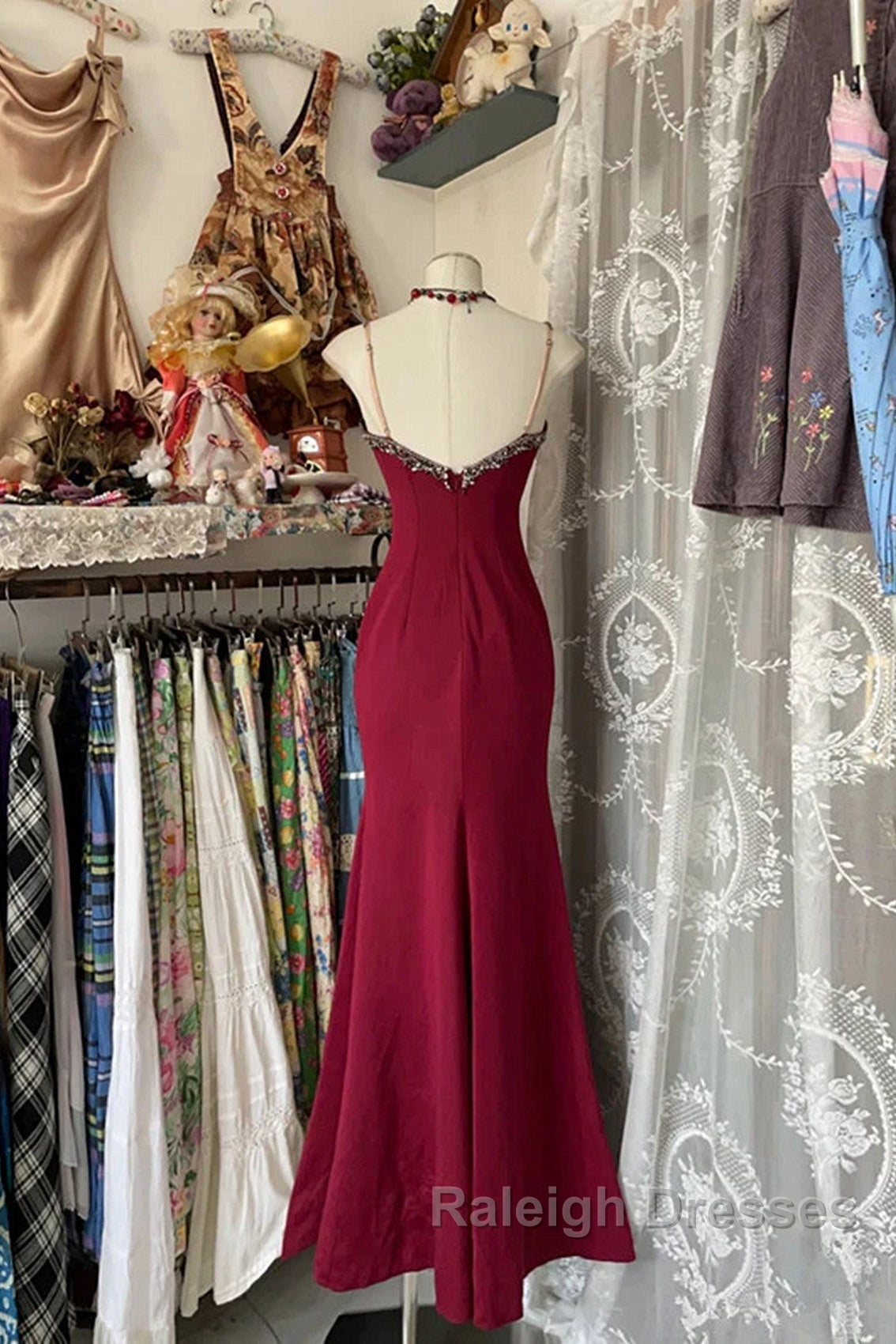 Wine Red Mermaid Straps Sweetheart Prom Dresses Wine Red Lace Prom Dresses