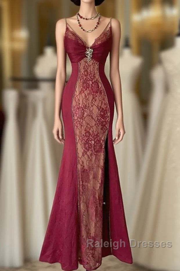 Wine Red Mermaid Straps Sweetheart Prom Dresses Wine Red Lace Prom Dresses