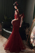 Wine Red Mermaid Tulle Beaded V-Neckline Prom Dresses Wine Red Prom Dresses