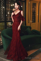 Wine Red Mermaid Tulle Beaded V-Neckline Prom Dresses Wine Red Prom Dresses