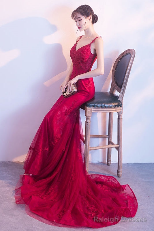 Wine Red Mermaid Tulle With Lace Applique Low Back Party Dress, Dark Red Evening Dresses Secondary image