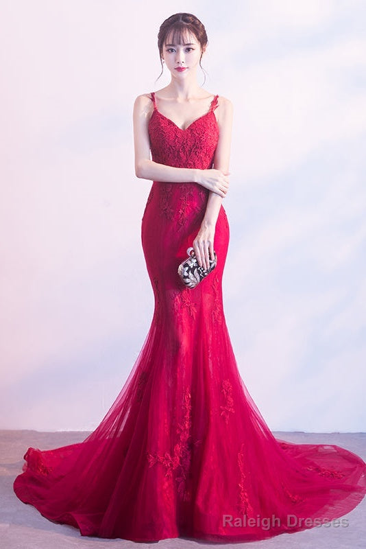 Wine Red Mermaid Tulle With Lace Applique Low Back Party Dress, Dark Red Evening Dresses