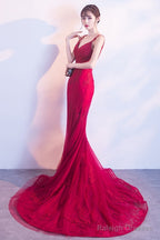 Wine Red Mermaid Tulle With Lace Applique Low Back Party Dress, Dark Red Evening Dresses