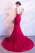 Wine Red Mermaid Tulle With Lace Applique Low Back Prom Dresses Dark Red Prom Dress