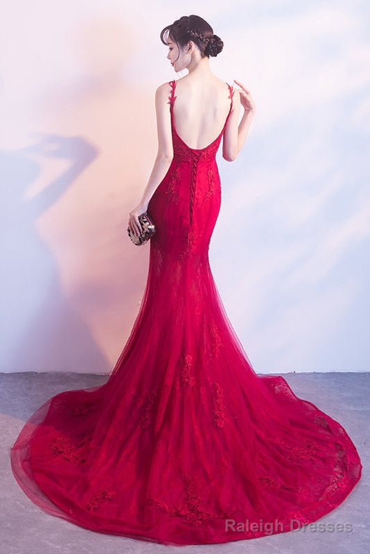 Wine Red Mermaid Tulle With Lace Applique Low Back Prom Dresses Dark Red Prom Dress