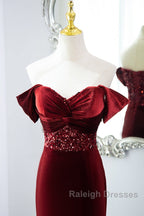 Wine Red Mermaid Velvet Long Prom Dresses Wine Red Prom Dresseses