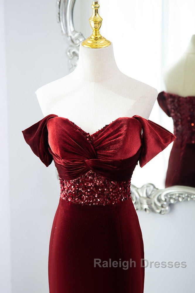 Wine Red Mermaid Velvet Long Prom Dresses Wine Red Prom Dresseses