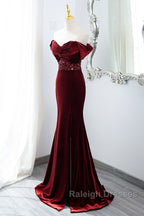 Wine Red Mermaid Velvet Long Party Dress, Wine Red Prom Dress Evening Dress