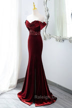 Wine Red Mermaid Velvet Long Prom Dresses Wine Red Prom Dresseses